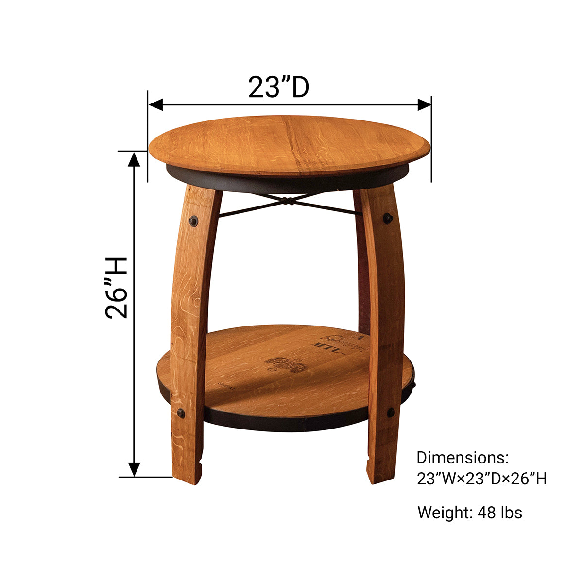 Close-up of the Casq Wine Barrel End Table showing the reclaimed barrelhead surfaces, oak stave legs, and cooperage markings on the lower shelf.