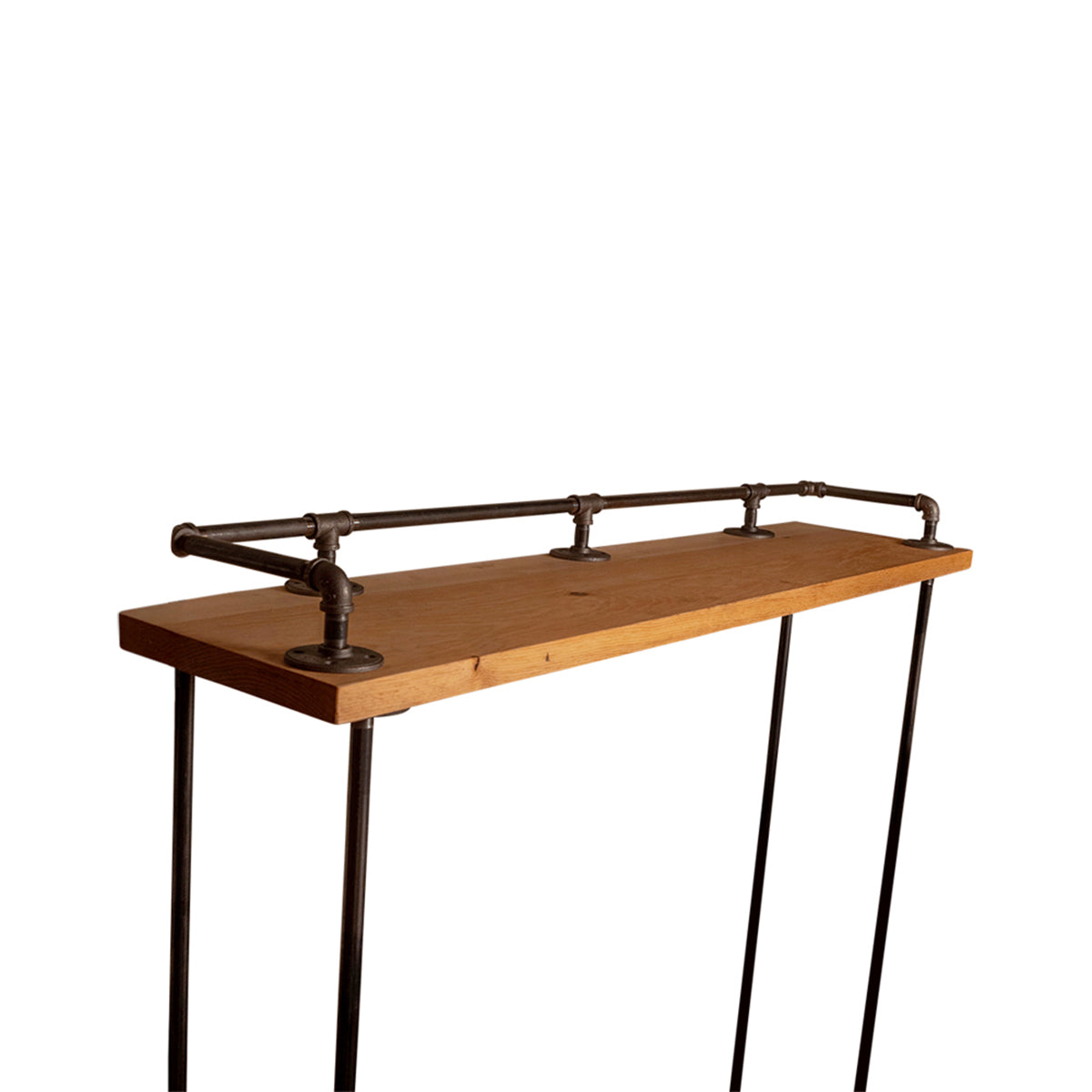 Side angle of the Planq High Top Bar Table displaying the reclaimed wood top, rear bar rail, and bar-height stools beneath.