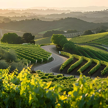 Golden sunrise over a vineyard landscape, symbolizing the natural origins of reclaimed wood furniture craftsmanship.