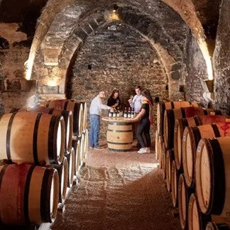 People tasting wine in a cellar with wooden barrels.