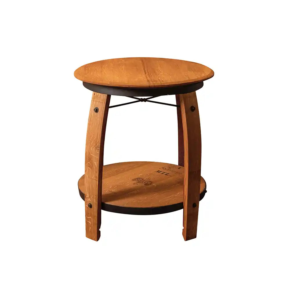Casq Wine Barrel End Table in a living room setting, featuring a round reclaimed barrelhead top, lower shelf, and curved oak staves as legs.
