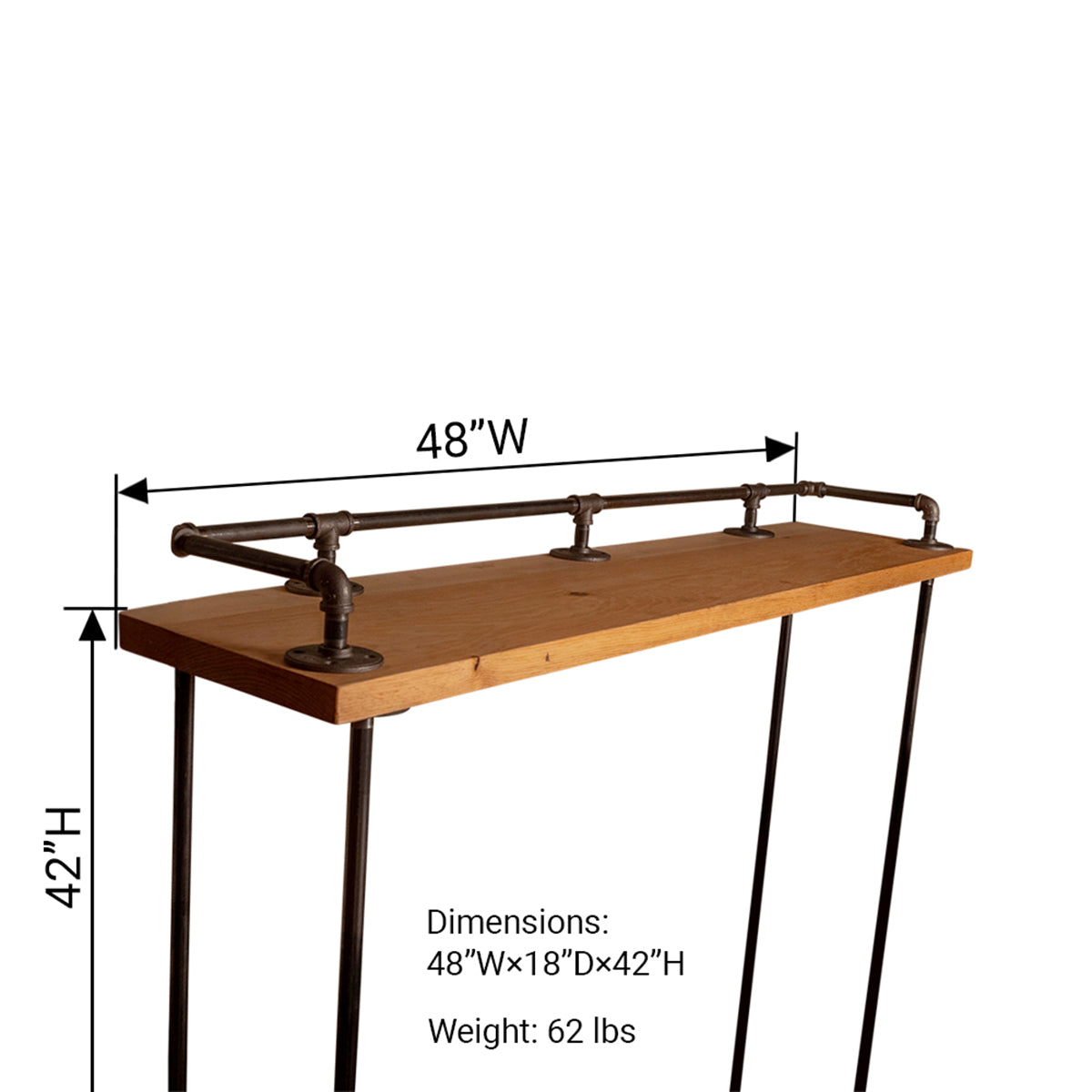 Front view of the Planq High Top Bar Table with a growler and coasters on the reclaimed wood surface, featuring the full rear bar rail.