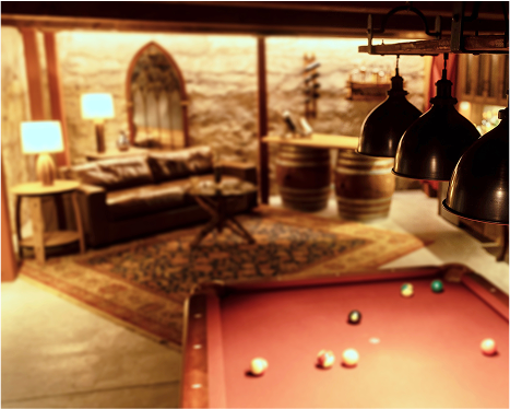 Rustic lighting shown over a Pool Table with Table Lights in the background, part of a home bar scene.