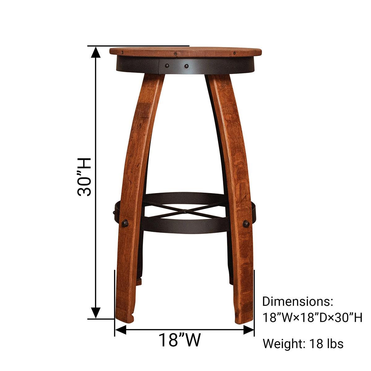 Set of three reclaimed wine barrel bar stools with curved oak staves, round wooden seats, and black metal footrest hoops arranged in a rustic cellar-style room.