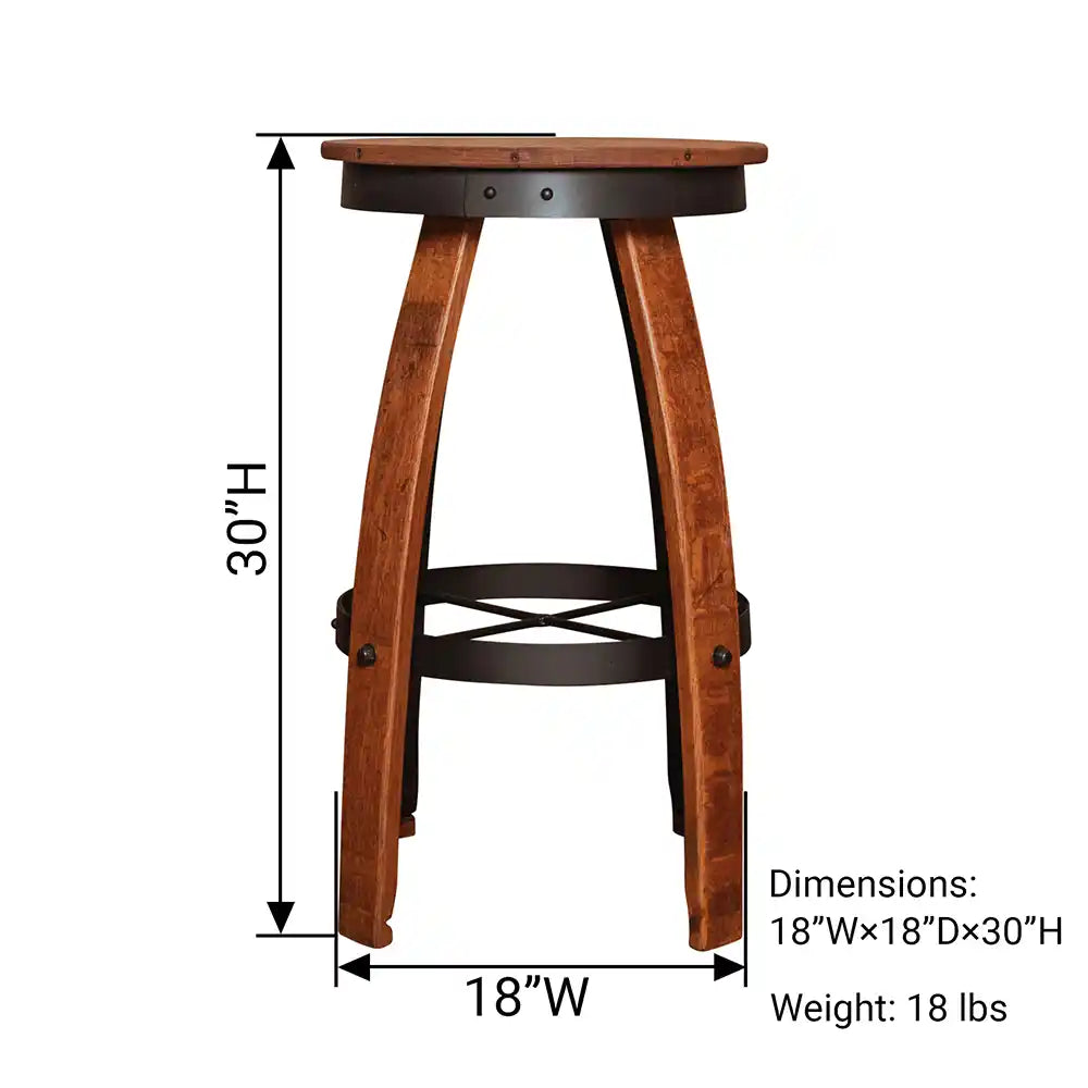 Set of three reclaimed wine barrel bar stools with curved oak staves, round wooden seats, and black metal footrest hoops arranged in a rustic cellar-style room.