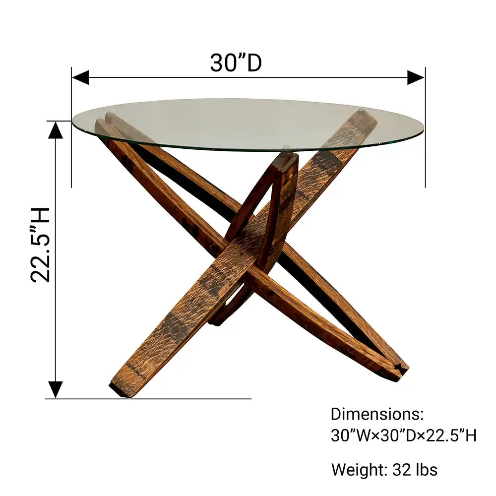 Stavv™ Whiskey Barrel Coffee Table in a lounge setting with whiskey glass and bottle, paired with reclaimed barrel furniture.