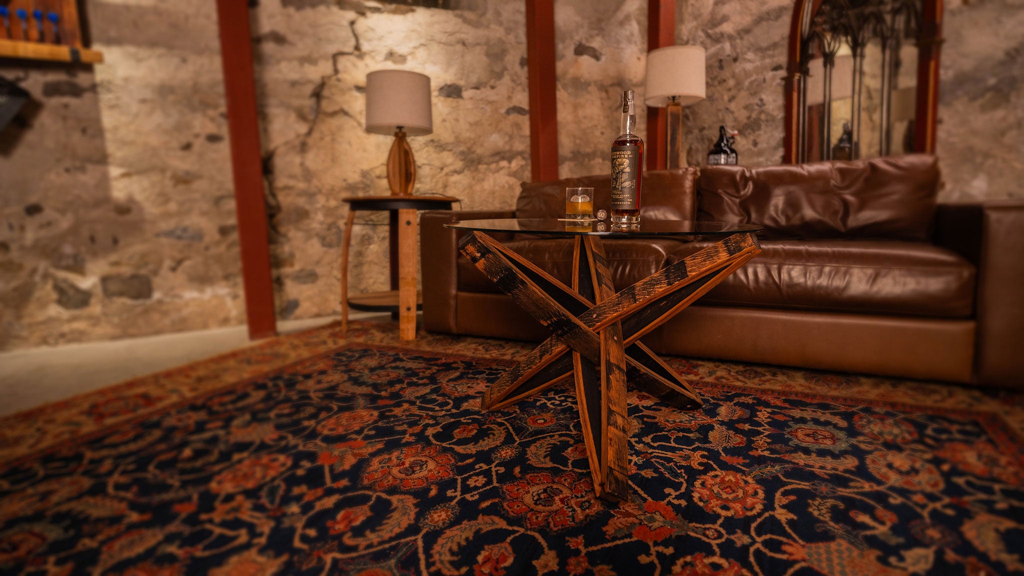 Reclaimed Wood Table built from whiskey barrel staves, in home bar full of reclaimed furniture.